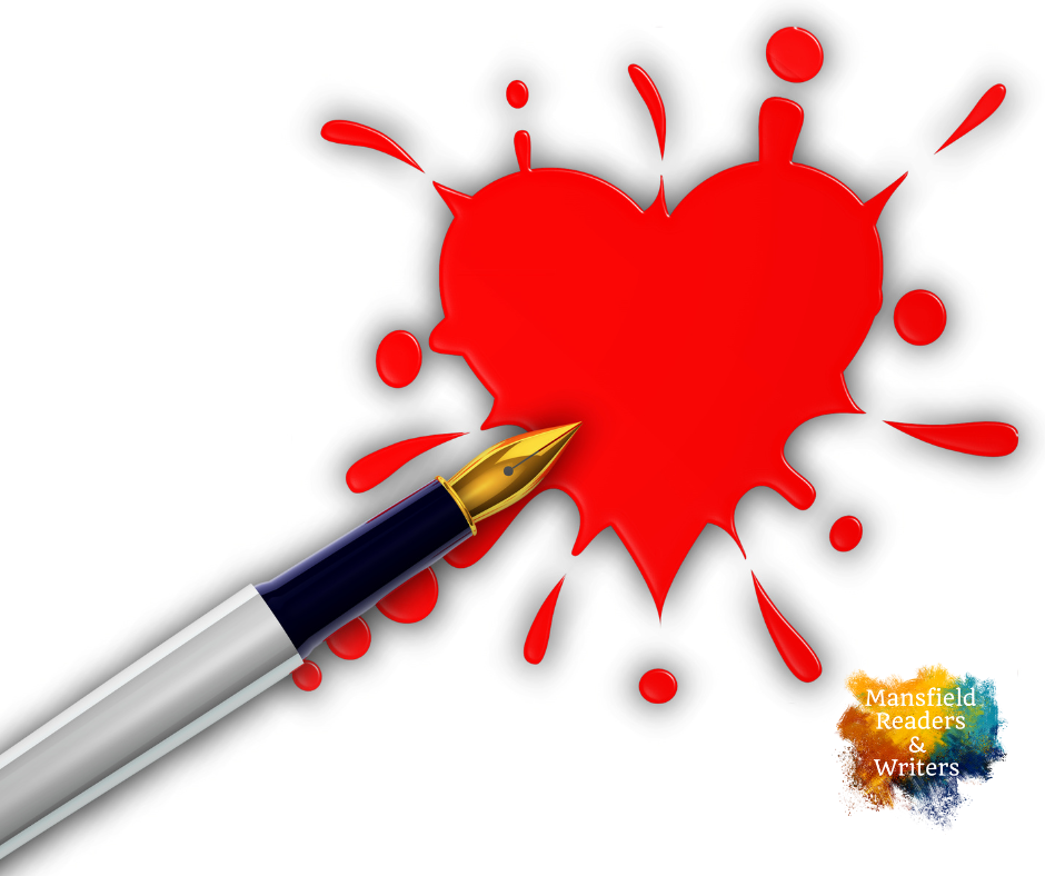 fountain pen with a splatter of red ink in the shape of a heart.