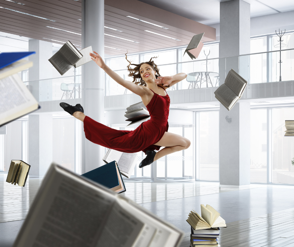 joyful woman flying books fb