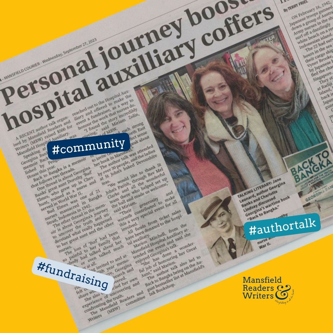 picture of Courier article with hashtags #community #fundraising #authortalk